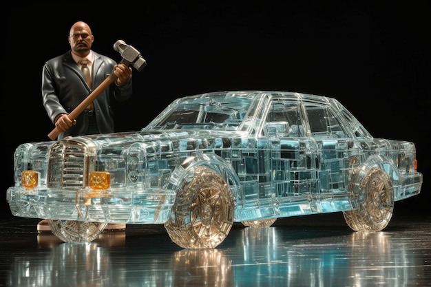 Een glazen auto en een man met een sledgehamer op een zwarte achtergrond het concept van vernietiging en duurzaamheid