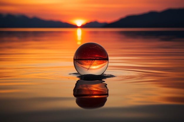 een glazen bal die drijft in het water bij zonsondergang