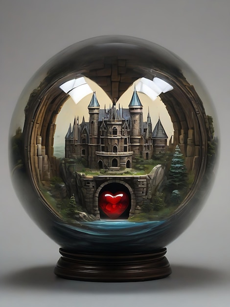 Foto een glazen bal met een kasteel erin en een hartvormig raam