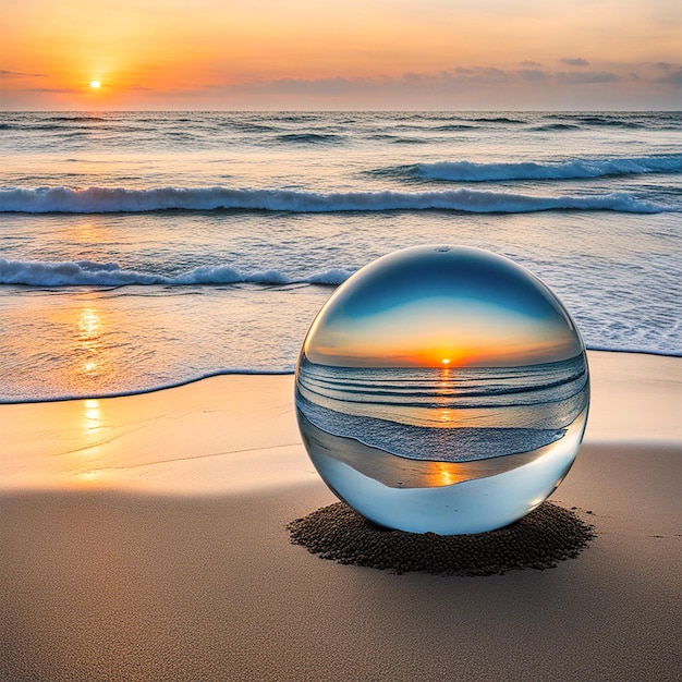 een glazen bal zit op een tafel met de zonsondergang op de achtergrond