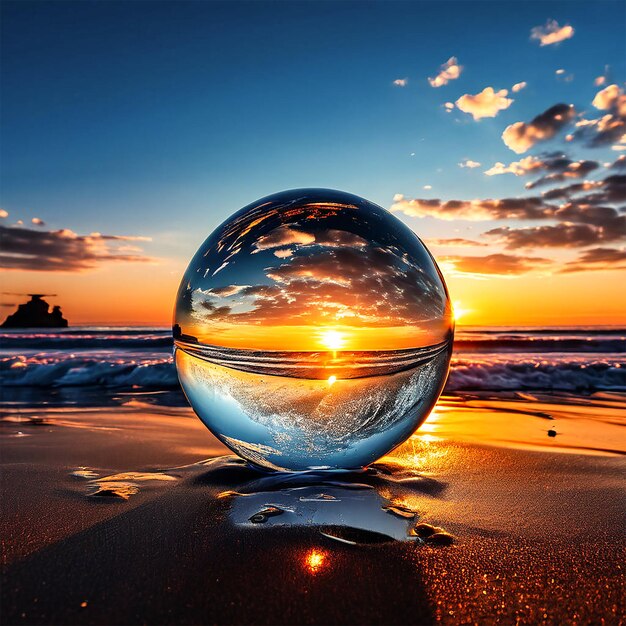een glazen bal zit op het strand met de zon achter zich