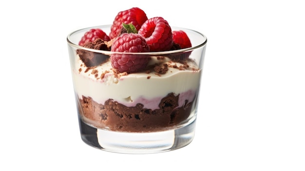 een glazen beker met chocolade-ijs en frambozen erin.