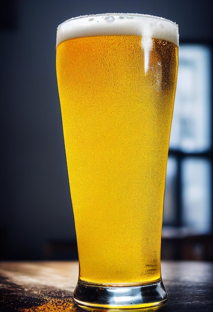 Een glazen bier op een houten tafel