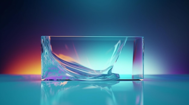 Een glazen blok met een blauwe achtergrond en een paarse achtergrond.
