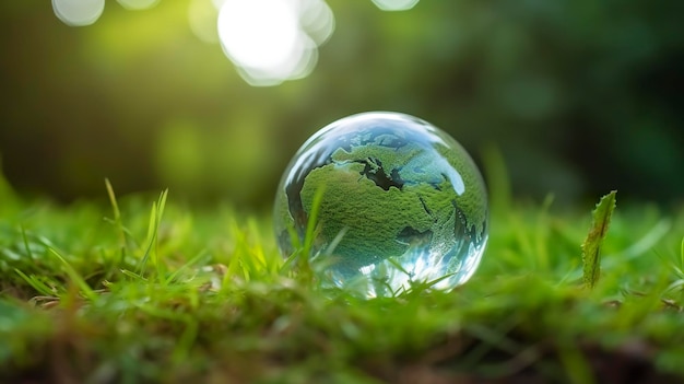 Een glazen bol concept dag aarde redt de wereld, redt het milieu, de wereld bevindt zich in het gras van de groene bokeh-achtergrond gegenereerd ai