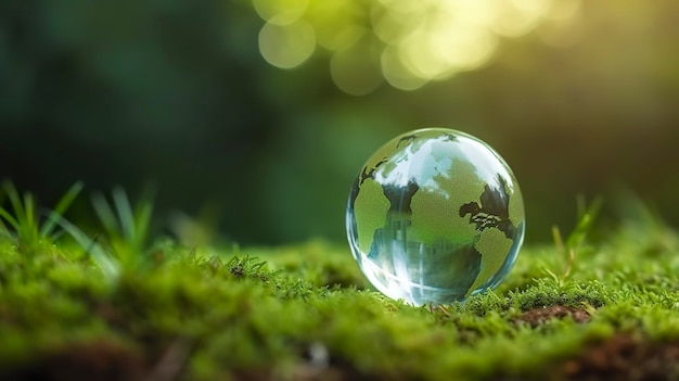 Een glazen bol concept dag aarde redt de wereld, redt het milieu, de wereld bevindt zich in het gras van de groene bokeh-achtergrond gegenereerd ai