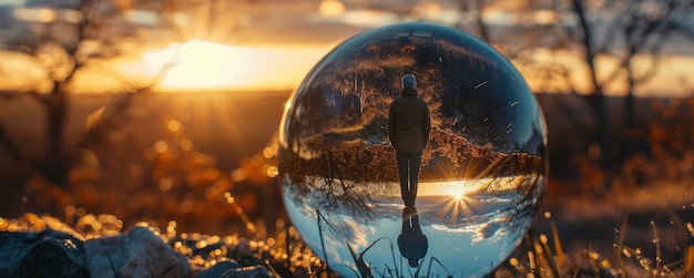 Foto een glazen bol met de weerspiegeling van een oude man die voor hem staat is een landschap bij zonsondergang