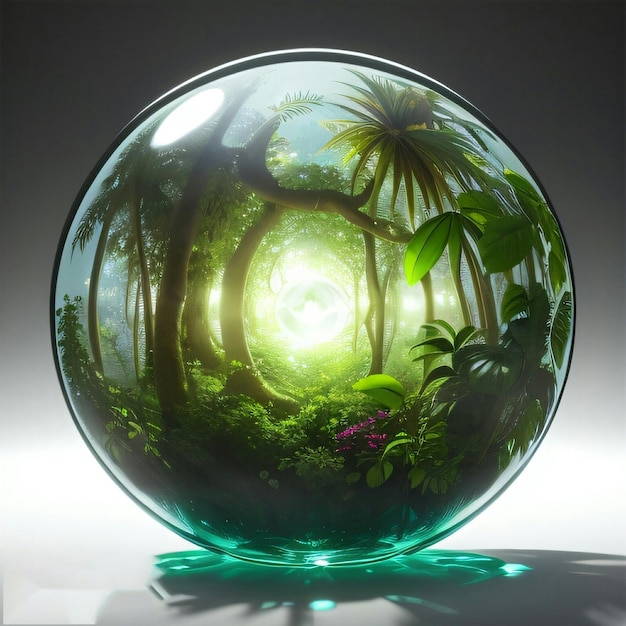 Een glazen bol met een groen glas met daarin een afbeelding van een tropisch bos.