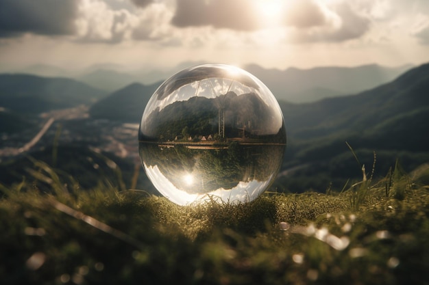 een glazen bol met een landschap op de achtergrond