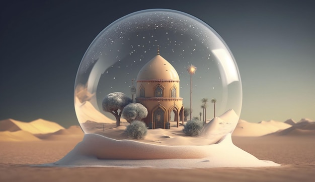 een glazen bol met een miniatuur van een moskee erin boven de woestijn