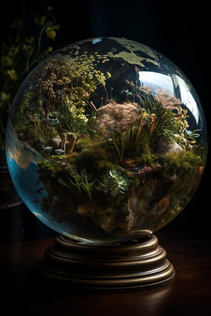 Een glazen bol met een plant en een plant erin