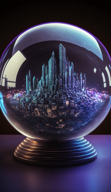 Een glazen bol met een stad op de achtergrond