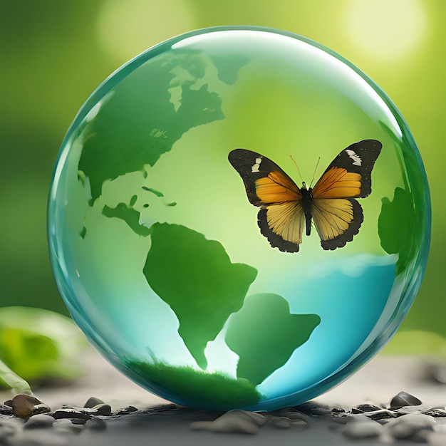 Foto een glazen bol met een vlinder erop en een groene achtergrond