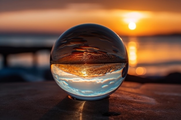 Een glazen bol met een zonsondergang op de achtergrond