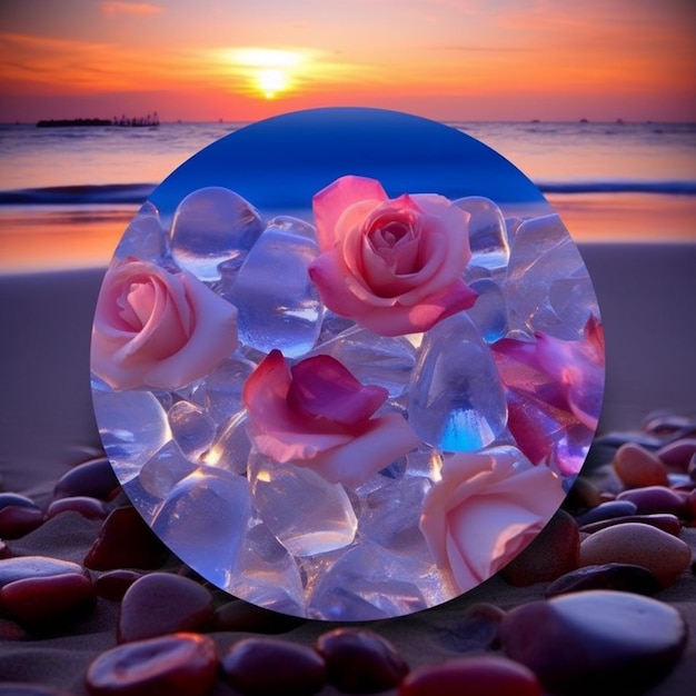 Een glazen bol met roze rozen erop staat op een strand.