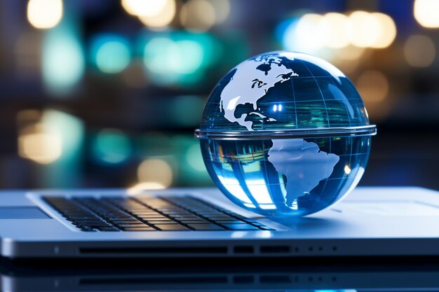 Een glazen bol op een laptop symboliseert een wereldwijd zakelijk perspectief