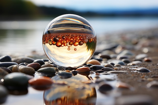 een glazen bol zittend op een strand met rotsen en water