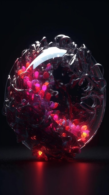 Een glazen ei met rode lampjes en een rode gloed in het midden.
