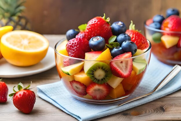 Een glazen fruitschaal met een bord fruit op tafel