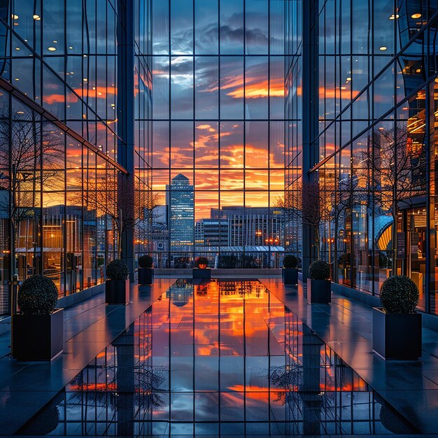 Foto een glazen gebouw met een reflectie van een zonsondergang erin