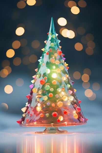Foto een glazen kerstboom met lichten erop.