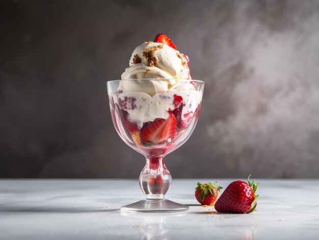 Een glazen kom aardbeienijs met aardbeien op tafel