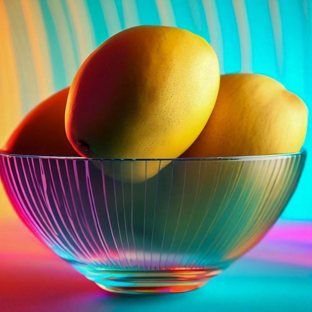 een glazen kom mango's met kleurrijke achtergrond