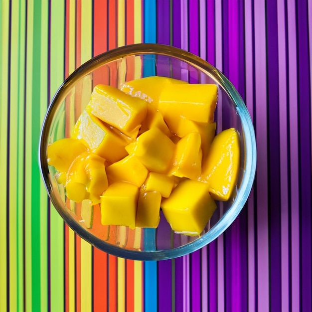 een glazen kom mango's met lijnen op de kleurrijke achtergrond van de kom