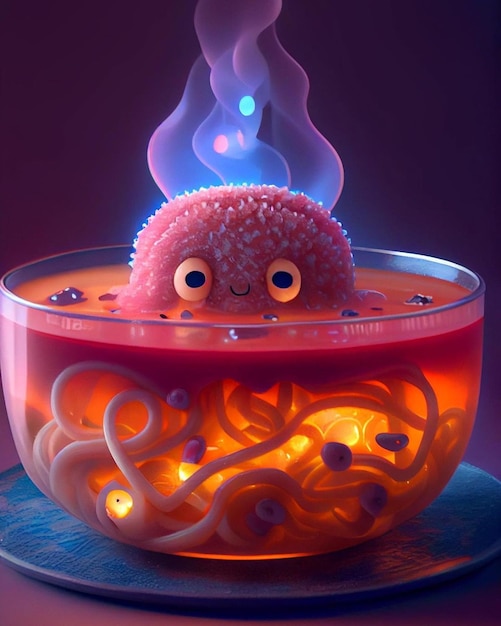 Een glazen kom met een roze octopus met een blauw gezicht en een paarse gloed.