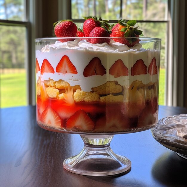 Een glazen kom Strawberry Shortcake Trifle met slagroom en aardbeien.