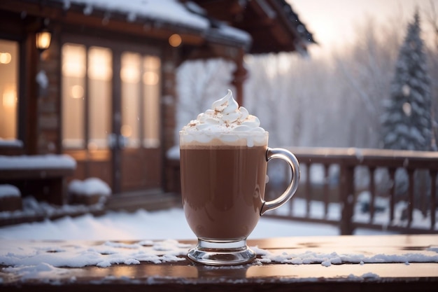 Een glazen kop warme chocolademelk met melk in de winter op de achtergrond Generatieve AI