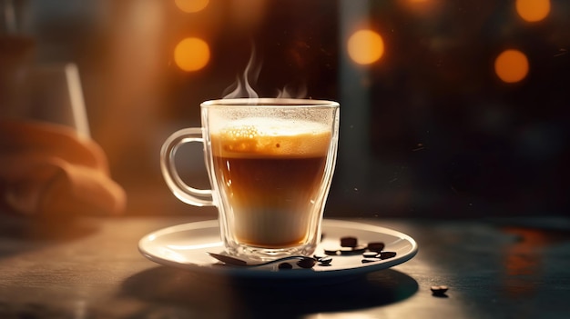 Een glazen kopje koffie met een schuimende vloeistof op een schotel Generative AI Art