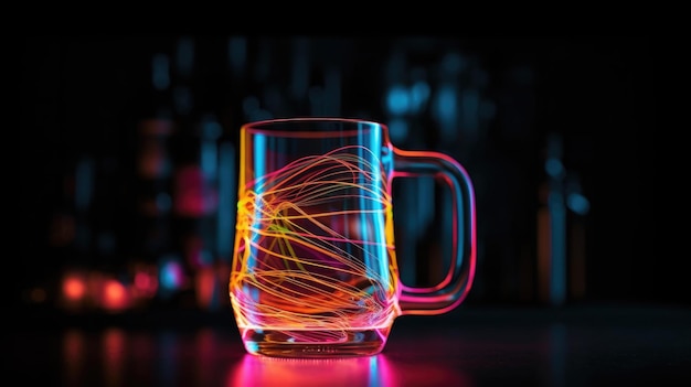 Een glazen mok met neonlichten erop