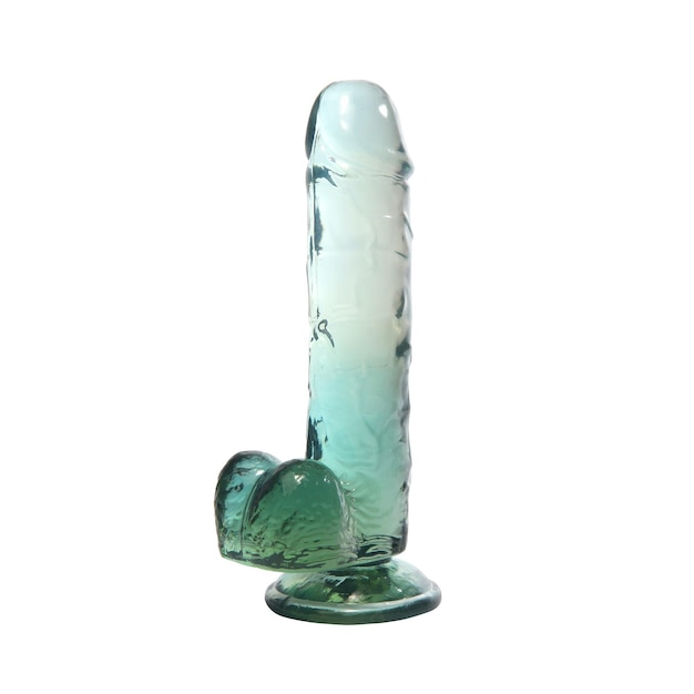 Een glazen object met een blauw en groen ontwerp wordt weergegeven tegen een witte achtergrond.