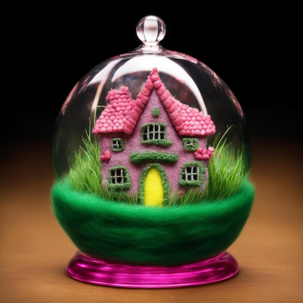 een glazen ornament met een roze huis erop