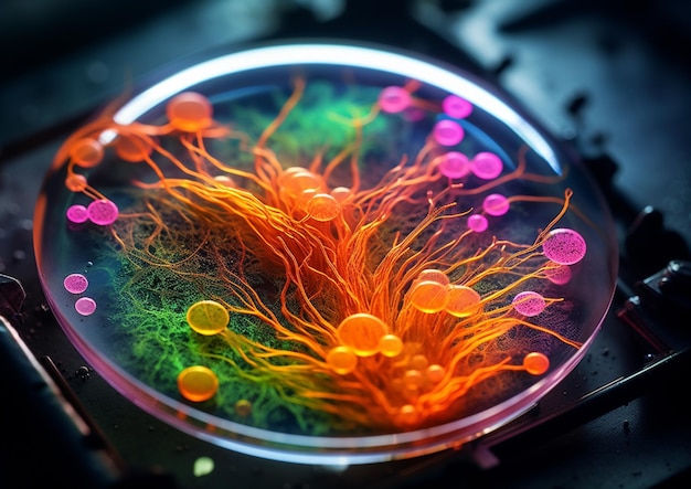 Foto een glazen plaat met een kleurrijke vloeistof erin waar 'cel' op staat