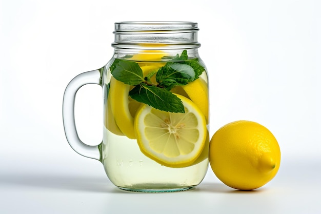 Een glazen pot citroenwater met een citroen aan de zijkant.