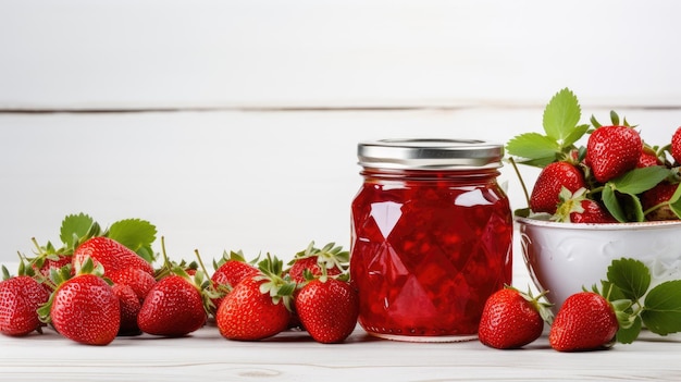 een glazen pot gevuld met levendige aardbeienjam op een schoon wit houten oppervlak om de versheid en eenvoud van deze zoete conservering te benadrukken