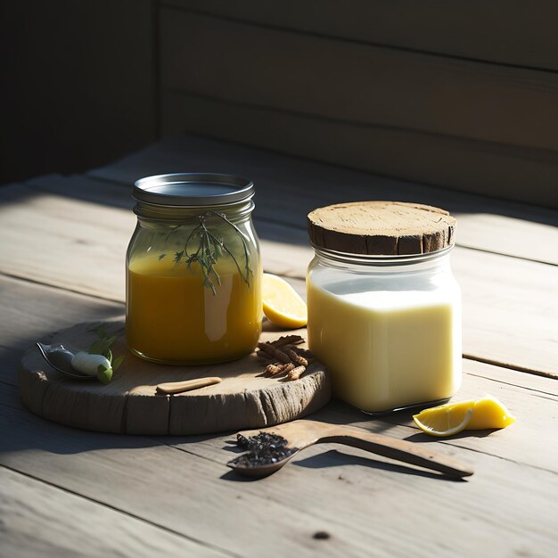 Een glazen pot met biologische ghee met een houten tafel en een mockup