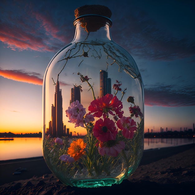 Een glazen pot met bloemen erin met een stad op de achtergrond.