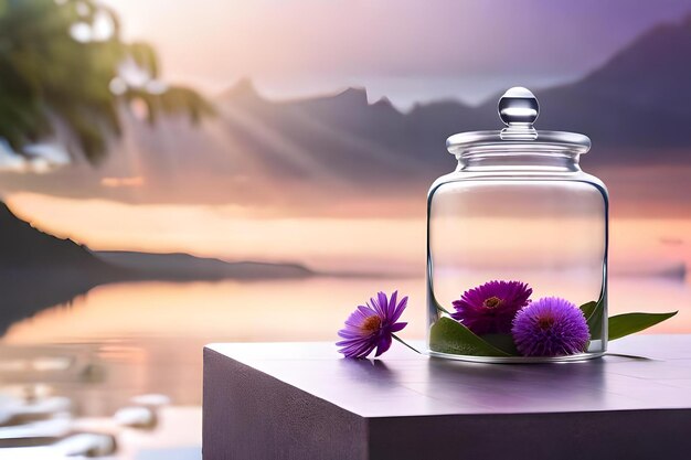 Foto een glazen pot met bloemen op een tafel met een palmboom op de achtergrond.
