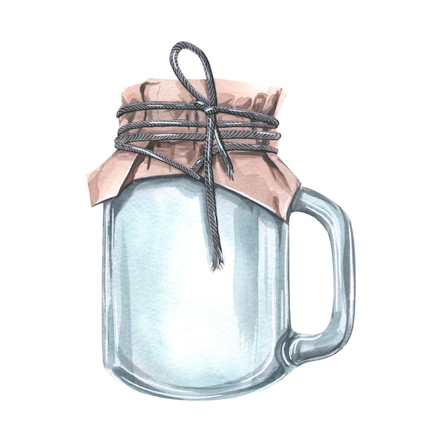 Een glazen pot met een handvat bedekt met ambachtelijk papier en vastgebonden met een touwtje Aquarelillustratie Een geïsoleerd object uit een grote reeks WALVISSEN Voor decoratie- en ontwerpcomposities