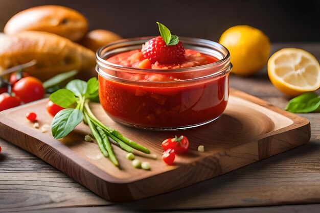 Een glazen schaal met aardbeien saus met een hoop andere groenten.