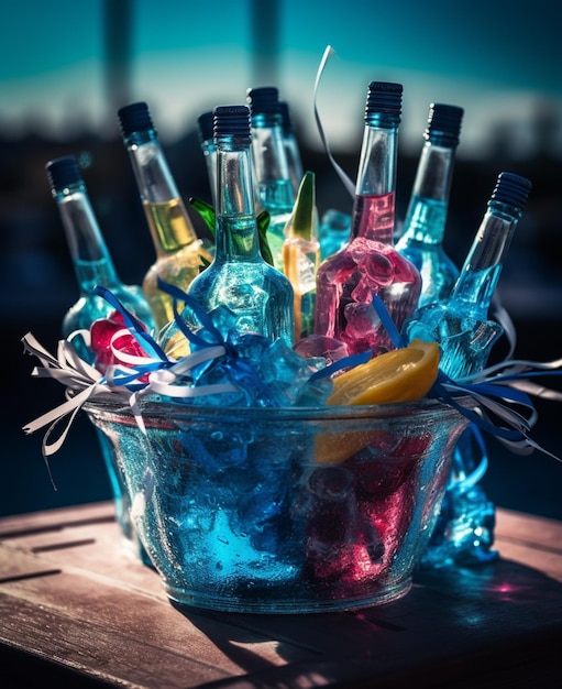 Een glazen schaal met blauwe en rode flessen alcohol erin.