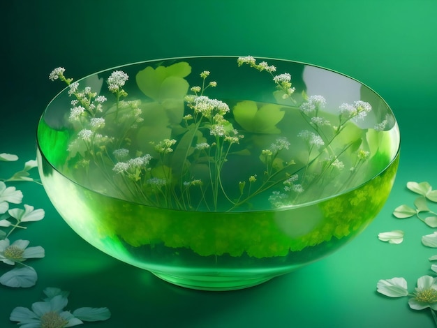 Een glazen schaal met bloemen en een groene achtergrond ai gegenereerd