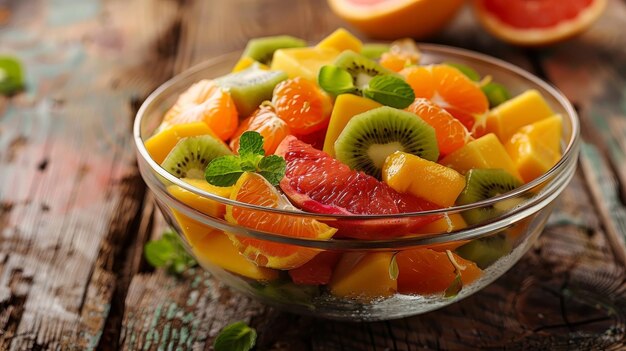 Een glazen schaal met een salade gemaakt van mango sinaasappels grapefruit en kiwi's geplaatst op een