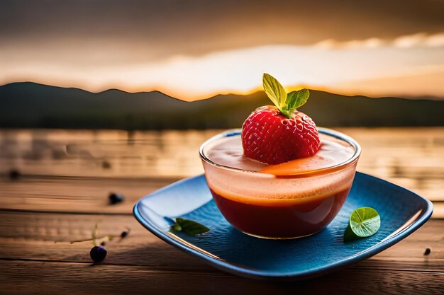 Foto een glazen schaal met fruit zit op een bord met een aardbei erop