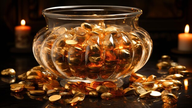 Een glazen schaal met gouden munten erin en een gouden schaal.