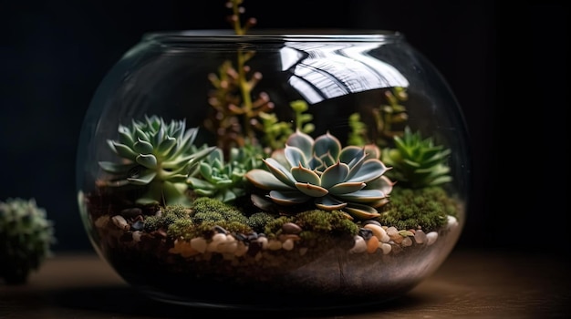 Een glazen schaal met vetplanten en planten erop