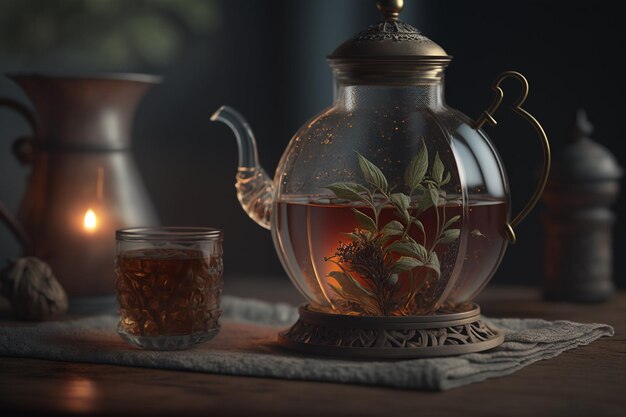 Een glazen theepot met een bladplant erop staat op een tafel naast een glazen kopje thee.